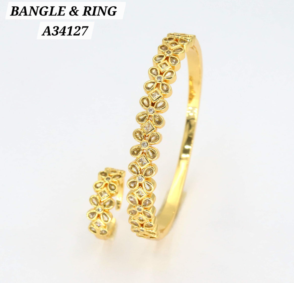 Gold CZ Floral Bezel Bangle & Ring Set – A34127