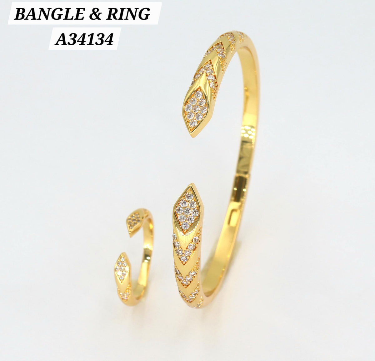 Gold CZ Snake-Head Bangle & Ring Set – A34134