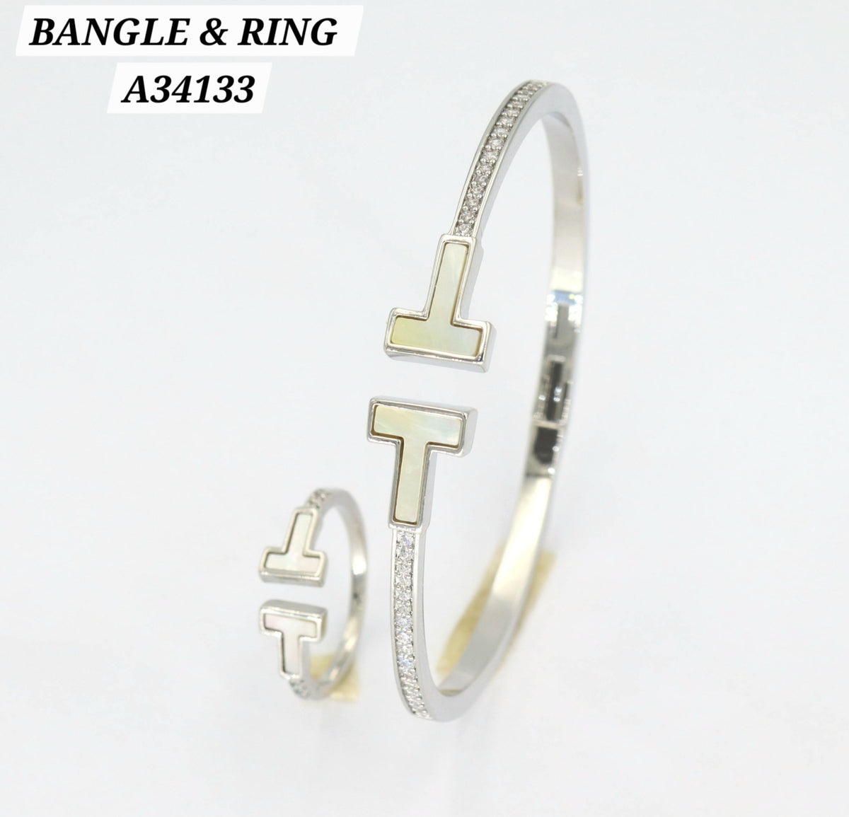 Silver Mother-of-Pearl "T" Bangle & Ring Set – A34133