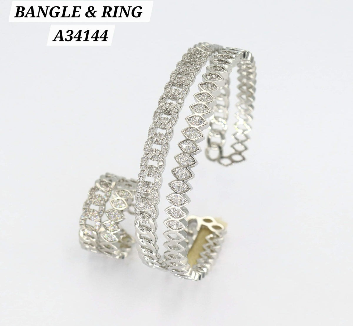 Silver CZ Curb-Link Bangle & Ring Set – A34144