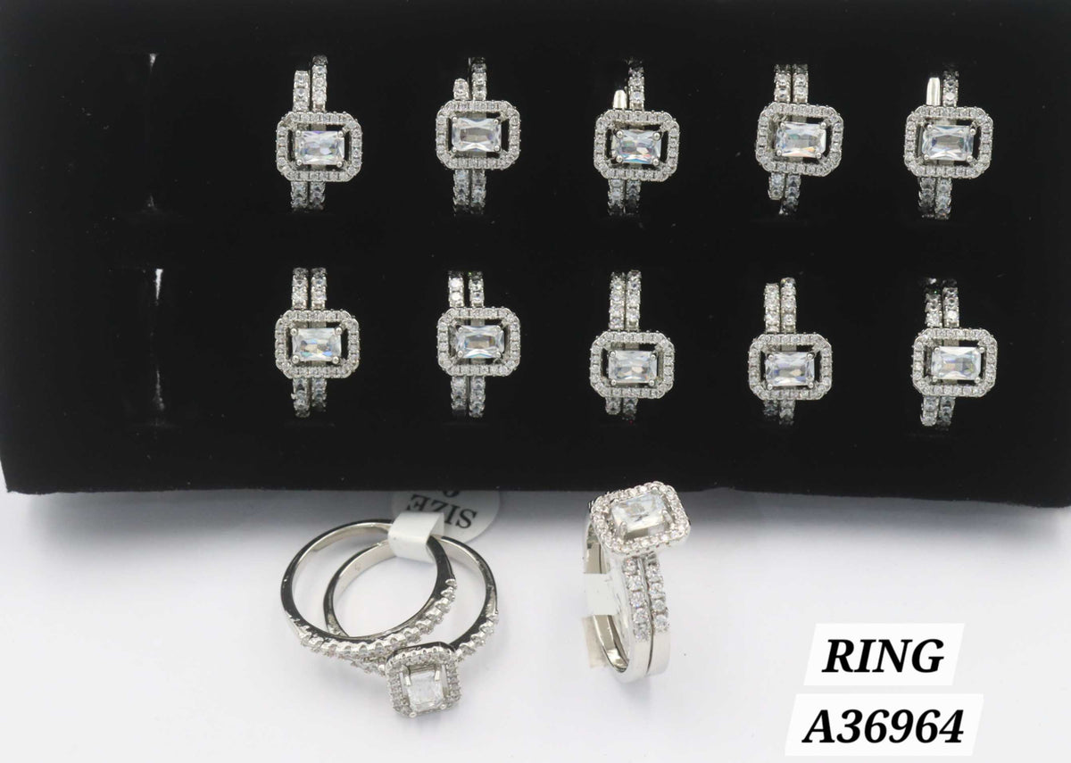 Silver Plated Emerald Cut CZ Halo Double Band Ring – Style A36964