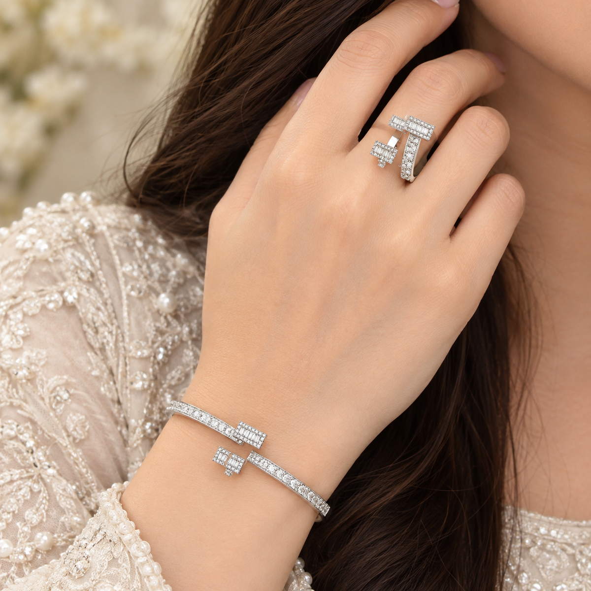 Silver CZ Baguette Bangle & Ring Set – A34111