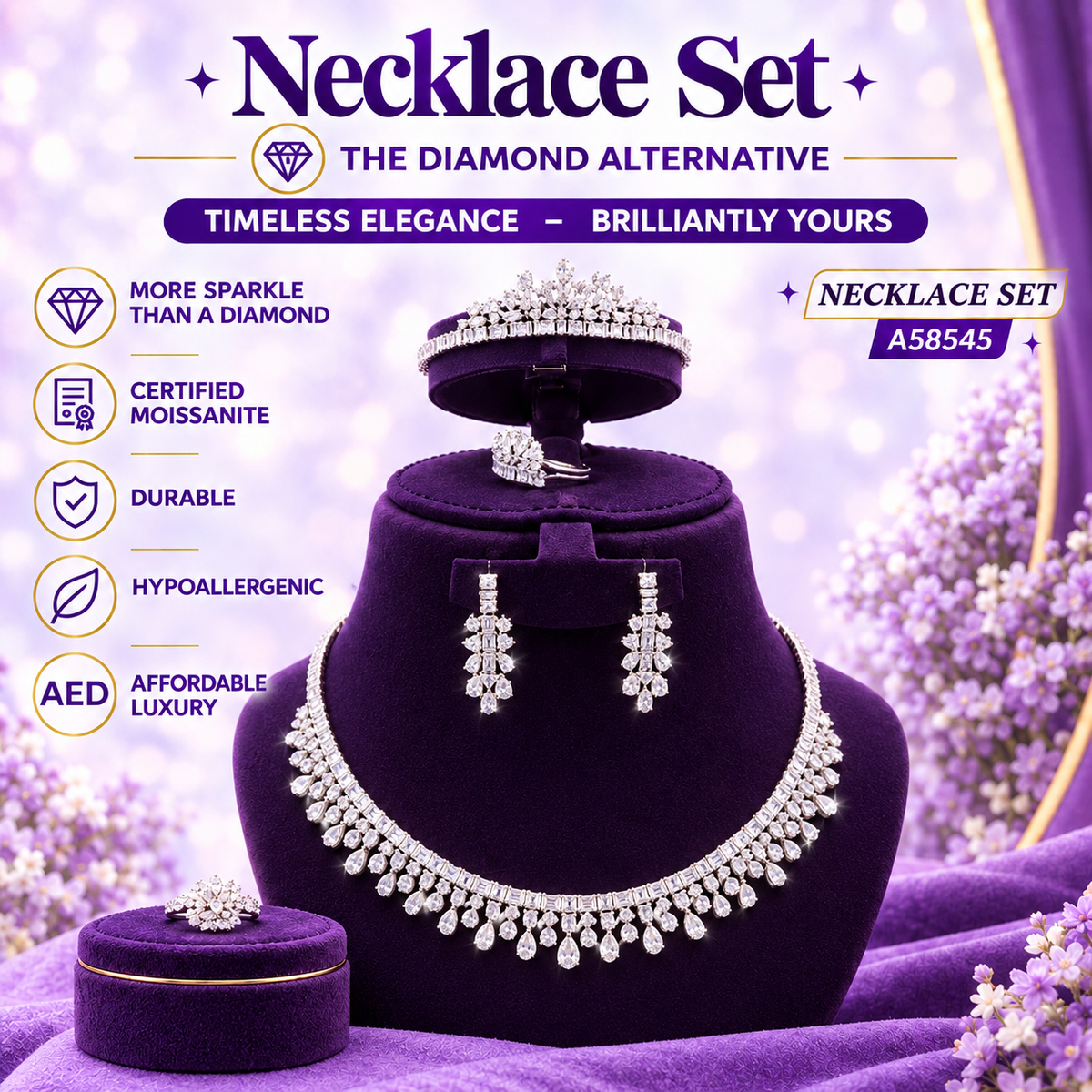Silver CZ Baguette Drop Necklace Set – A58545