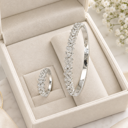 Silver CZ Floral Bezel Bangle & Ring Set – A34127