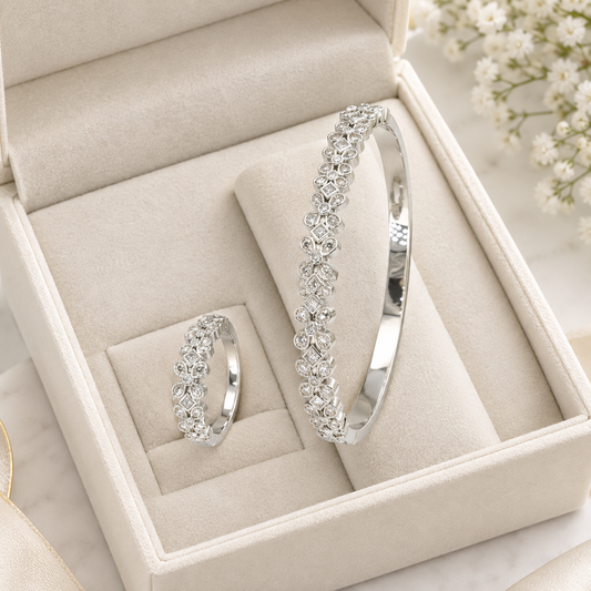 Silver CZ Floral Bezel Bangle & Ring Set – A34127
