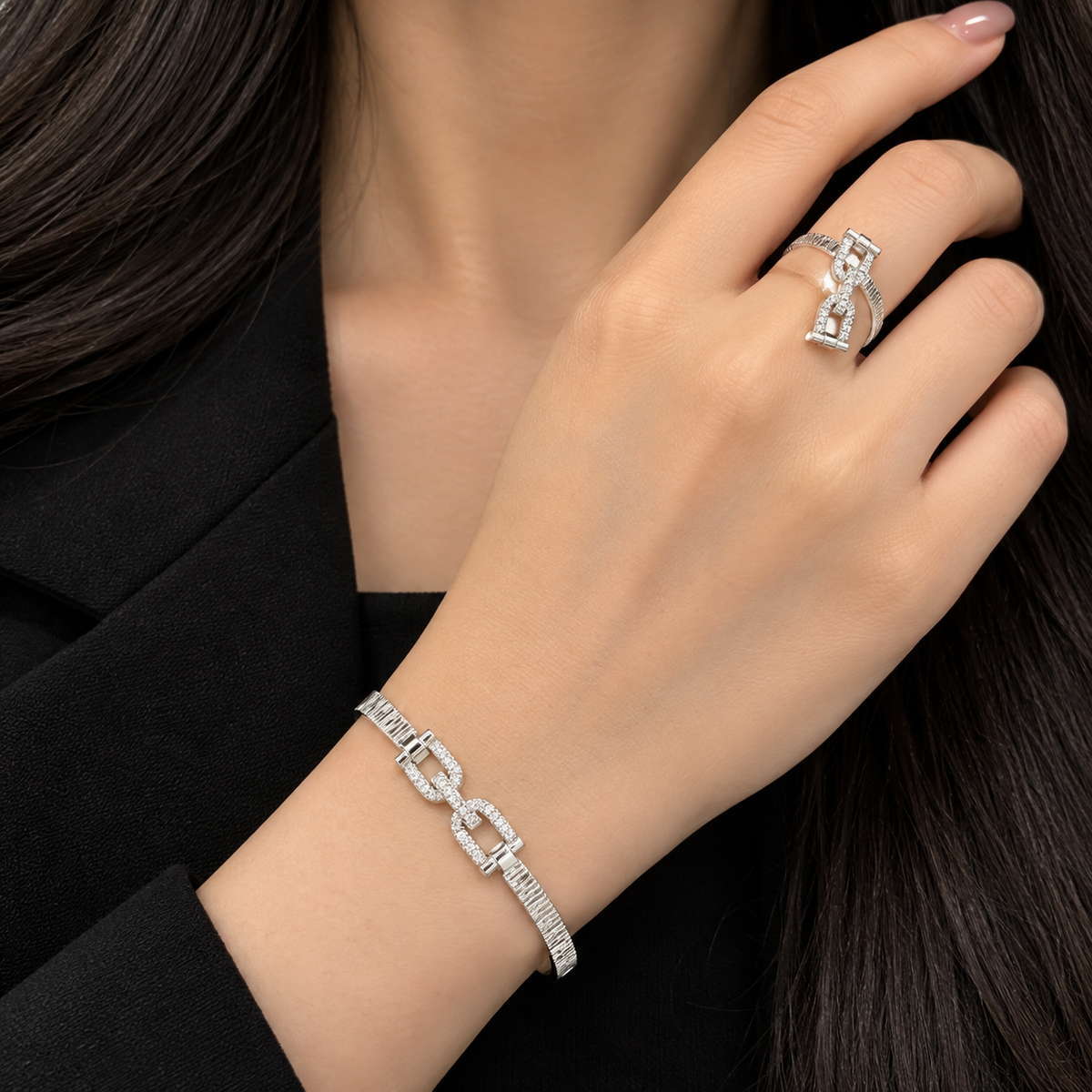 Silver CZ Chain-Link Bangle & Ring Set – A34130