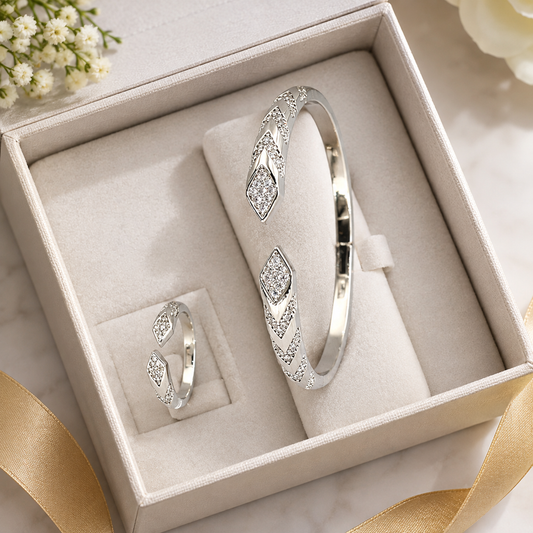 Silver CZ Snake-Head Bangle & Ring Set – A34134