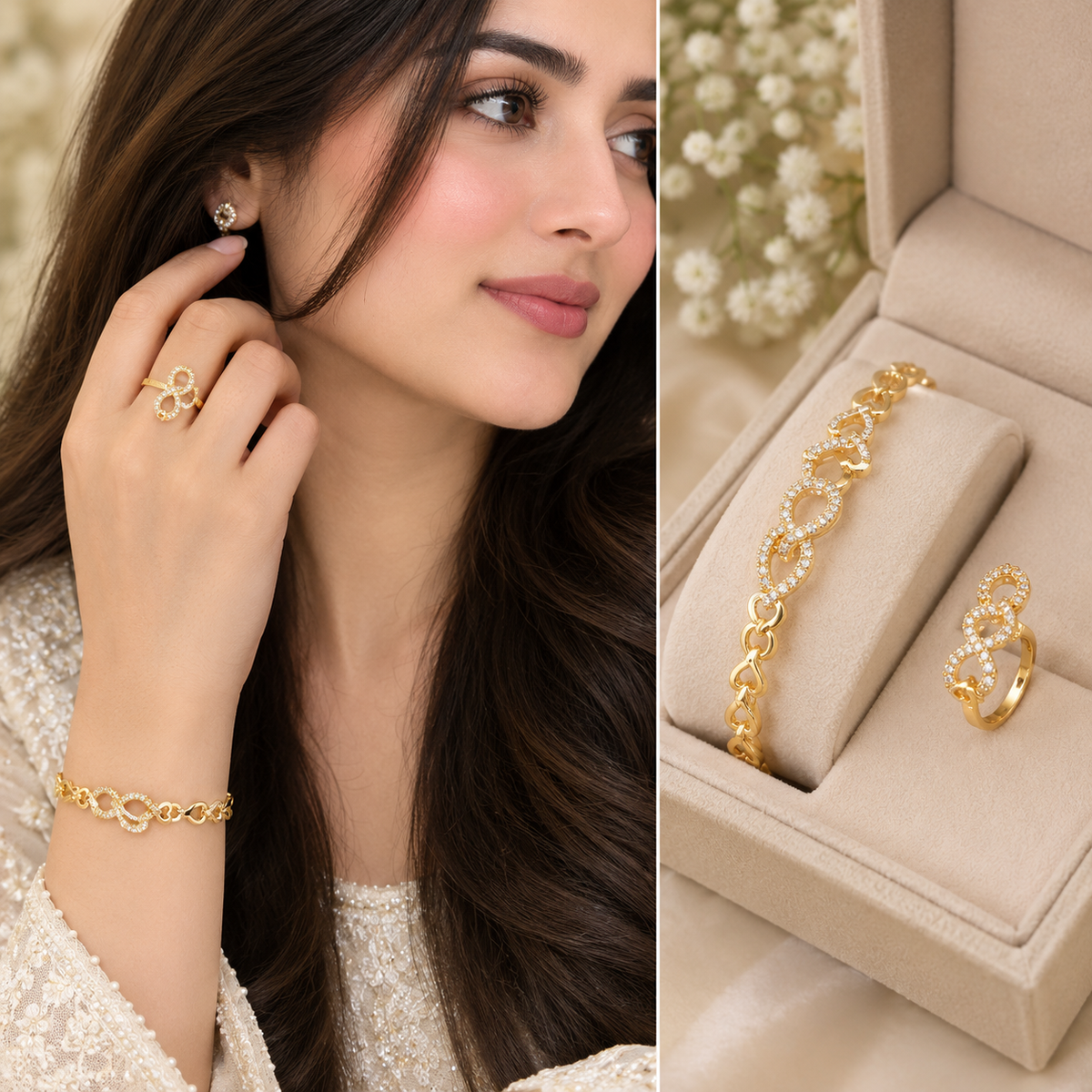 Gold CZ Infinity Link Bangle & Ring Set – A34132