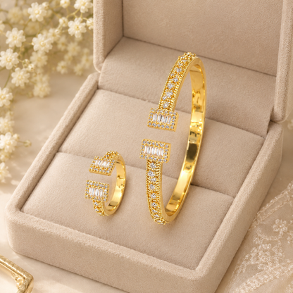 Gold CZ Baguette Bangle & Ring Set – A34111