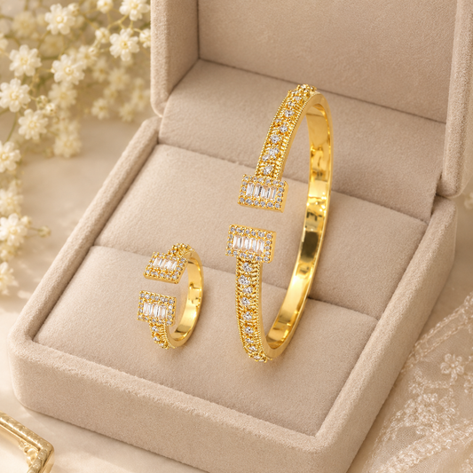 Gold CZ Baguette Bangle & Ring Set – A34111