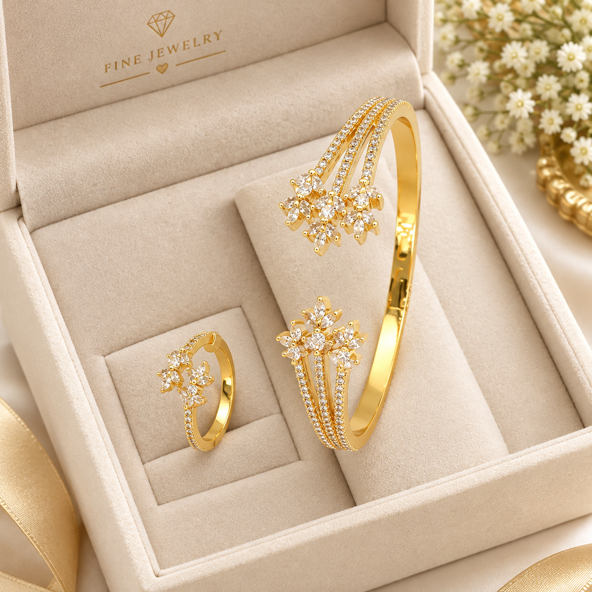 Gold CZ Floral Spray Bangle & Ring Set – A34146