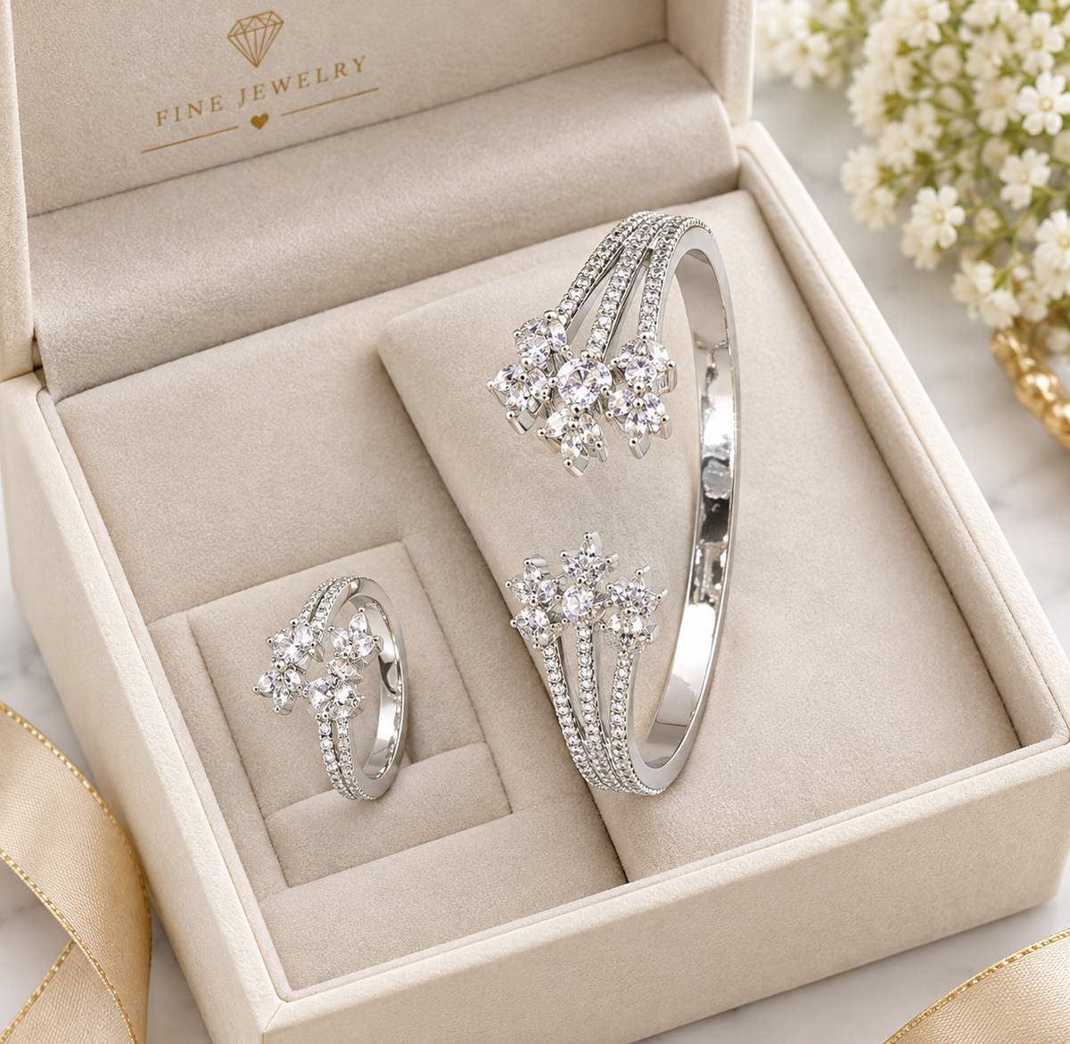 Silver CZ Floral Spray Bangle & Ring Set – A34146
