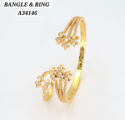 Gold CZ Floral Spray Bangle & Ring Set – A34146