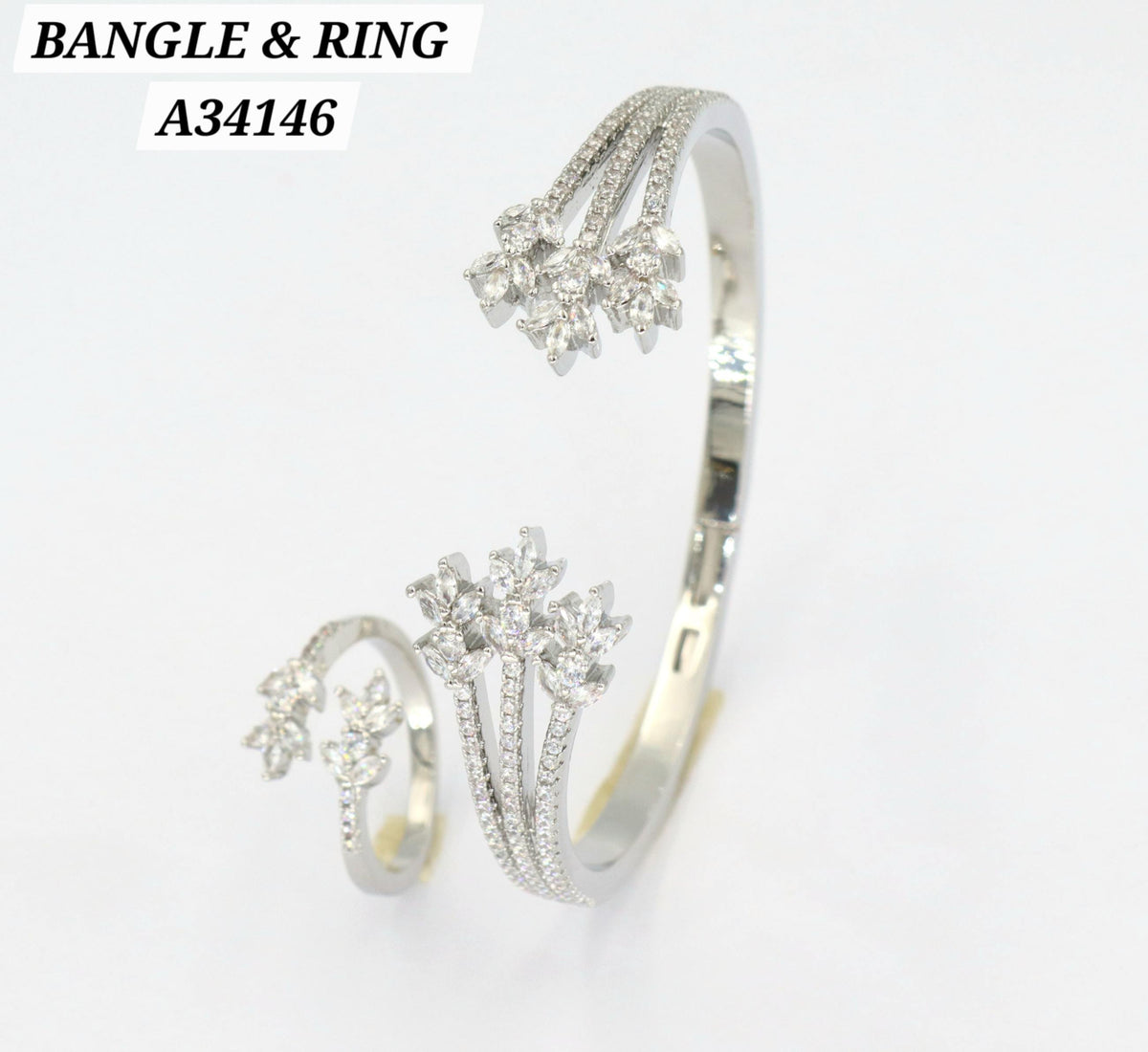 Silver CZ Floral Spray Bangle & Ring Set – A34146