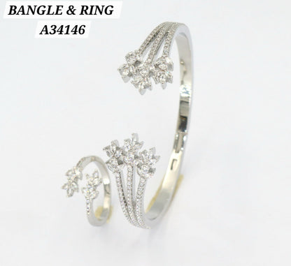 Silver CZ Floral Spray Bangle & Ring Set – A34146