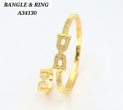 Gold CZ Chain-Link Bangle & Ring Set – A34130