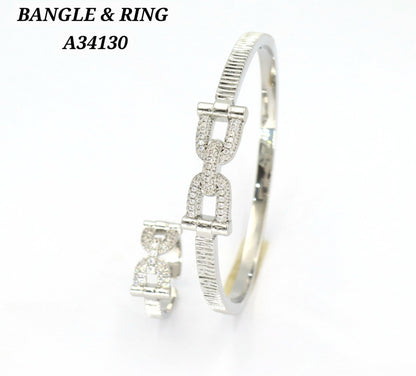 Silver CZ Chain-Link Bangle & Ring Set – A34130