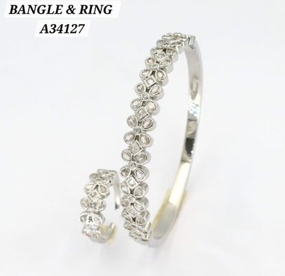 Silver CZ Floral Bezel Bangle & Ring Set – A34127