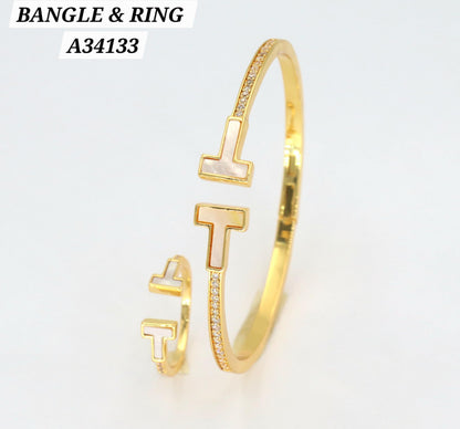 Gold Mother-of-Pearl "T" Bangle & Ring Set – A34133