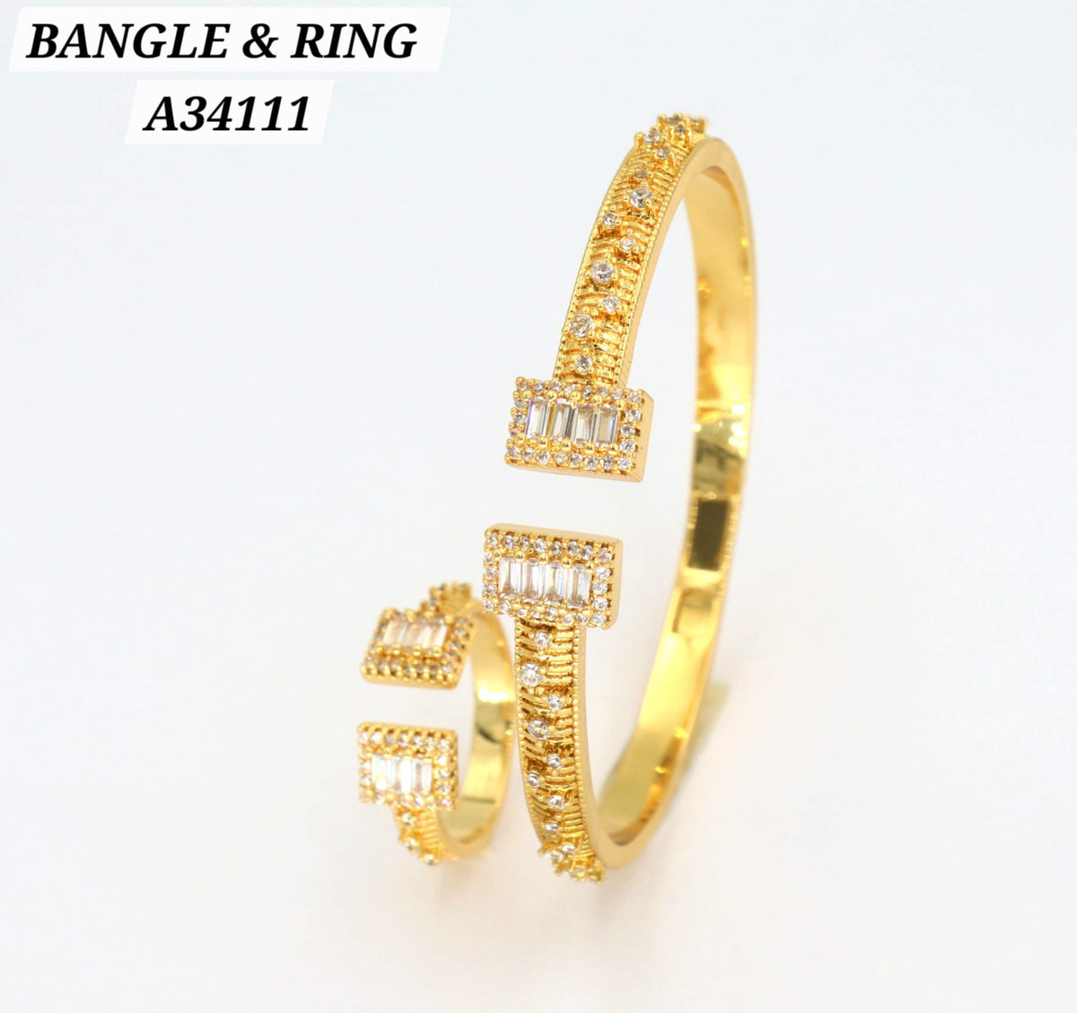 Gold CZ Baguette Bangle & Ring Set – A34111