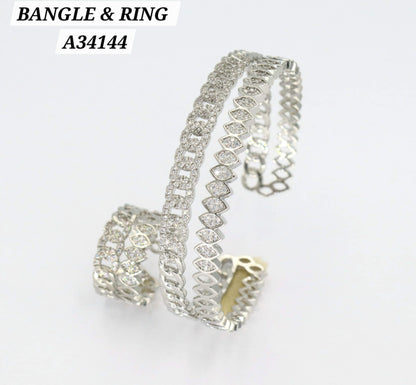 Silver CZ Curb-Link Bangle & Ring Set – A34144