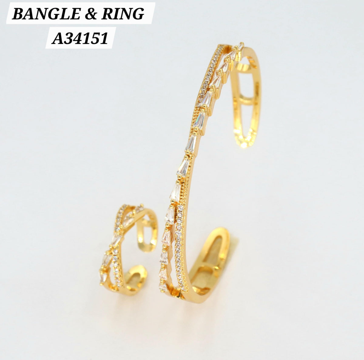 Gold CZ Crisscross Baguette Bangle & Ring Set – A34151