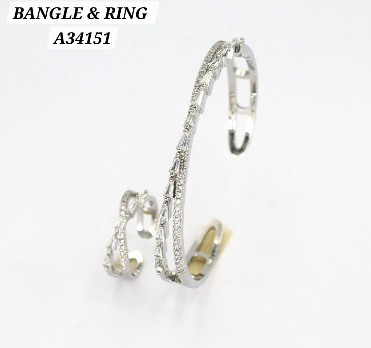 Silver CZ Crisscross Baguette Bangle & Ring Set – A34151