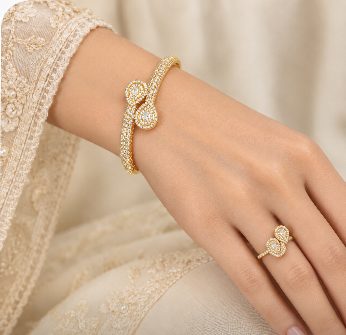 Gold CZ Infinity Halo Bangle & Ring Set – A34122