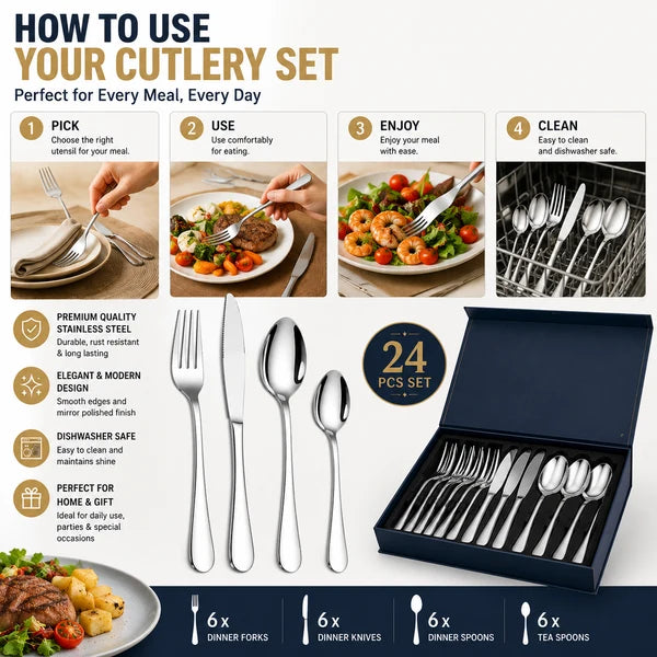 24-Piece Stainless Steel Cutlery Set for 6 Persons