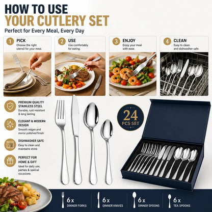 24-Piece Stainless Steel Cutlery Set for 6 Persons